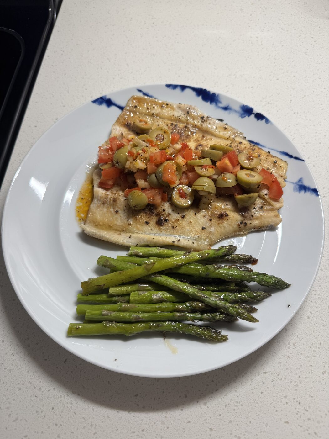 Grilled fish with olive tomato relish and fresh asparagus — chef-prepared meals Alpharetta