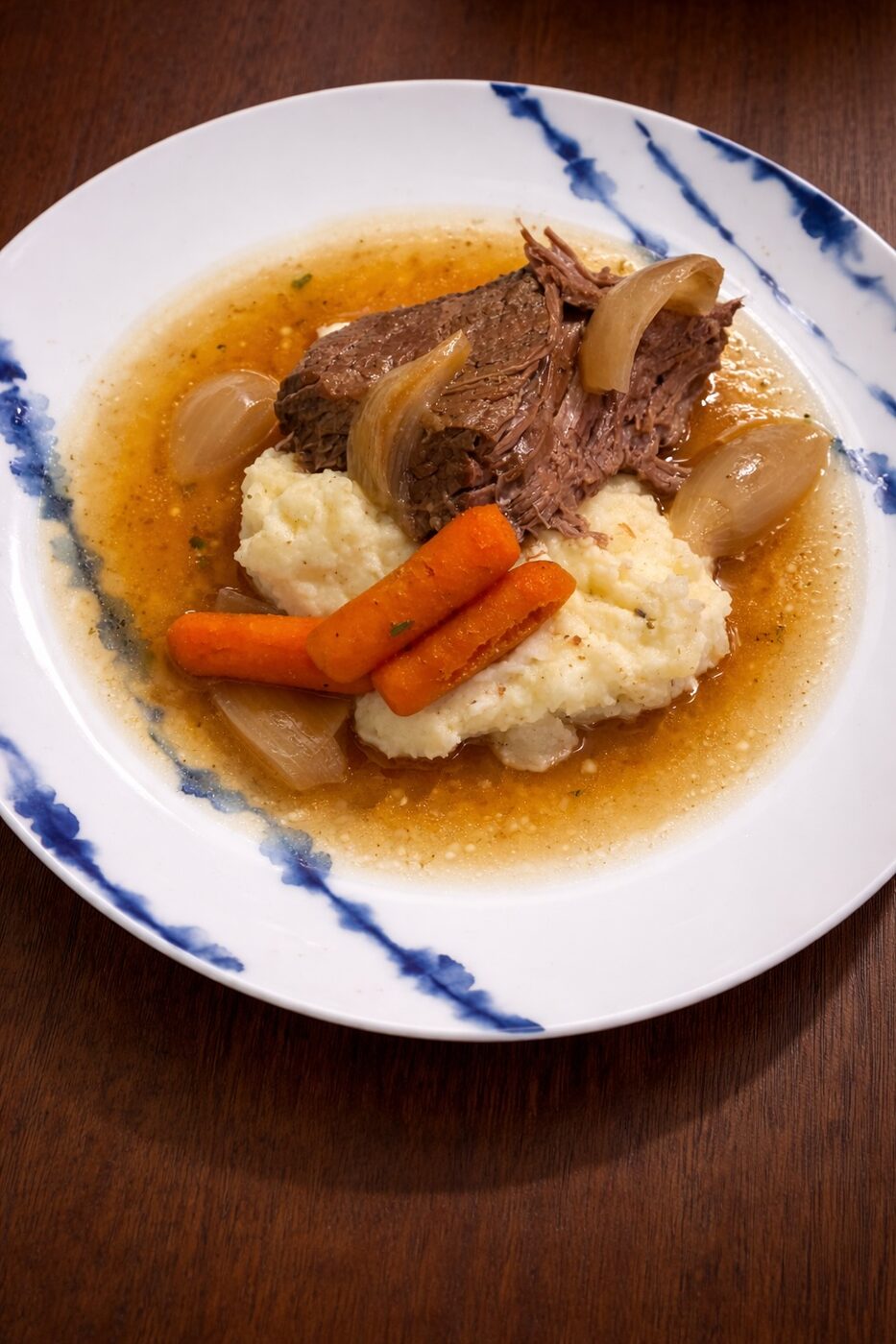 Slow-braised pot roast with mashed potatoes and carrots — personal chef comfort meals Alpharetta