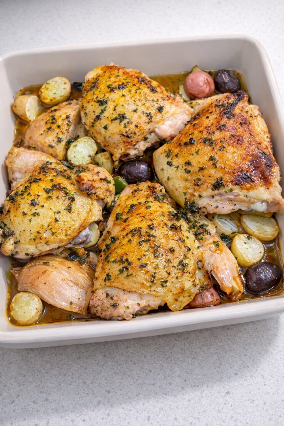 Roasted chicken thighs with baby potatoes — chef-prepared family meals in Alpharetta Georgia