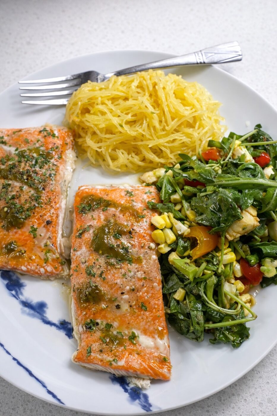 Pan-seared salmon with spaghetti squash and fresh greens — healthy meal prep north Atlanta