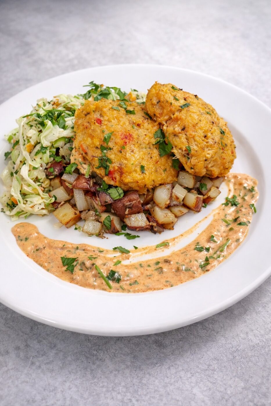 Crispy crab cakes with remoulade sauce, roasted potatoes, and slaw — personal chef Alpharetta