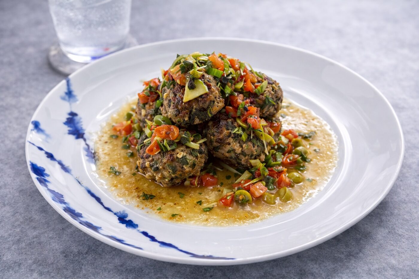 Herb meatballs with tomato olive sauce — chef-prepared meals in Alpharetta Georgia